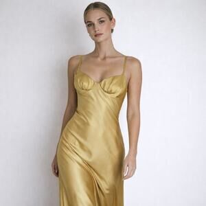 Vintage 90s Antique Gold Satin Slip Dress Bias Cut Minimalist Bridal USA